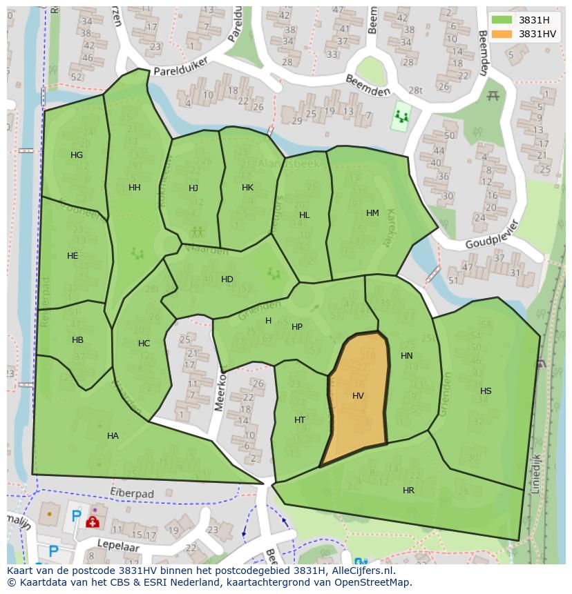 Afbeelding van het postcodegebied 3831 HV op de kaart.