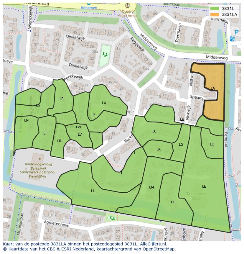 Afbeelding van het postcodegebied 3831 LA op de kaart.