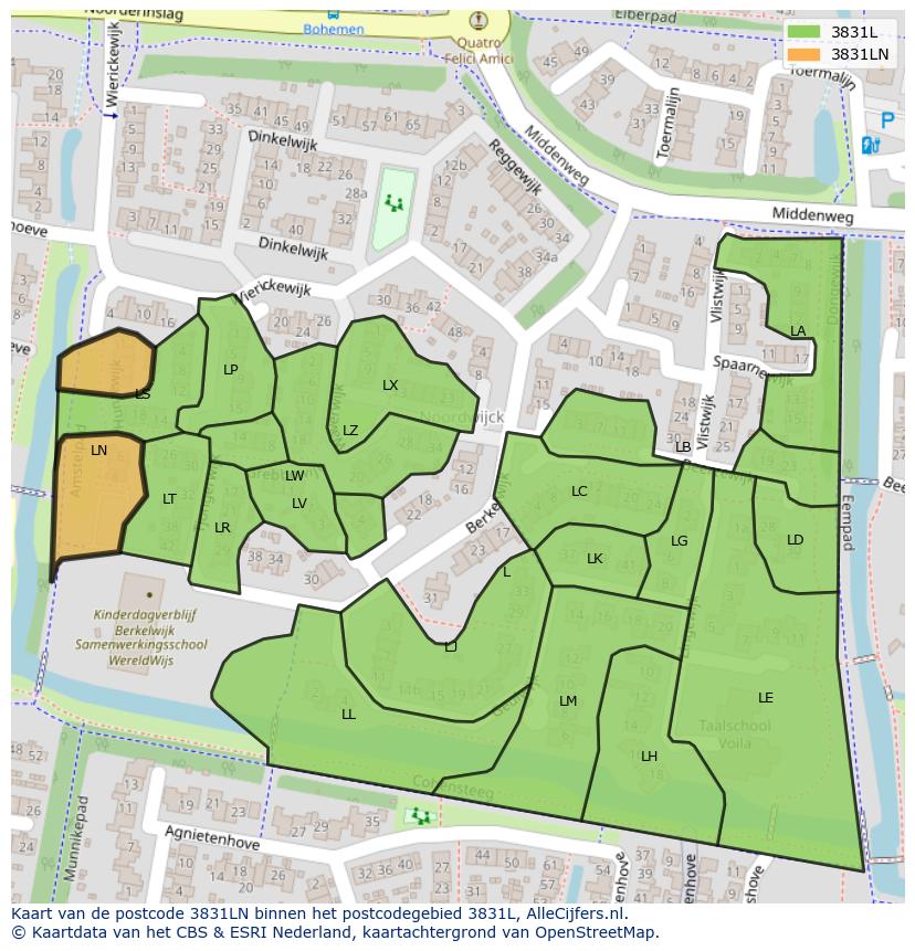 Afbeelding van het postcodegebied 3831 LN op de kaart.