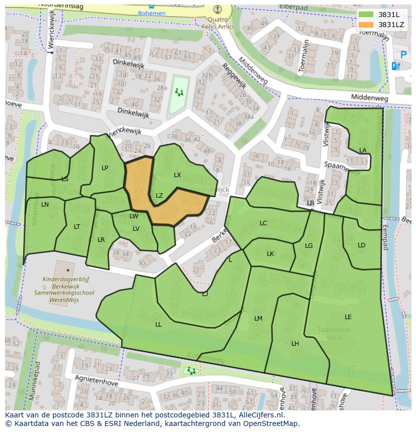 Afbeelding van het postcodegebied 3831 LZ op de kaart.