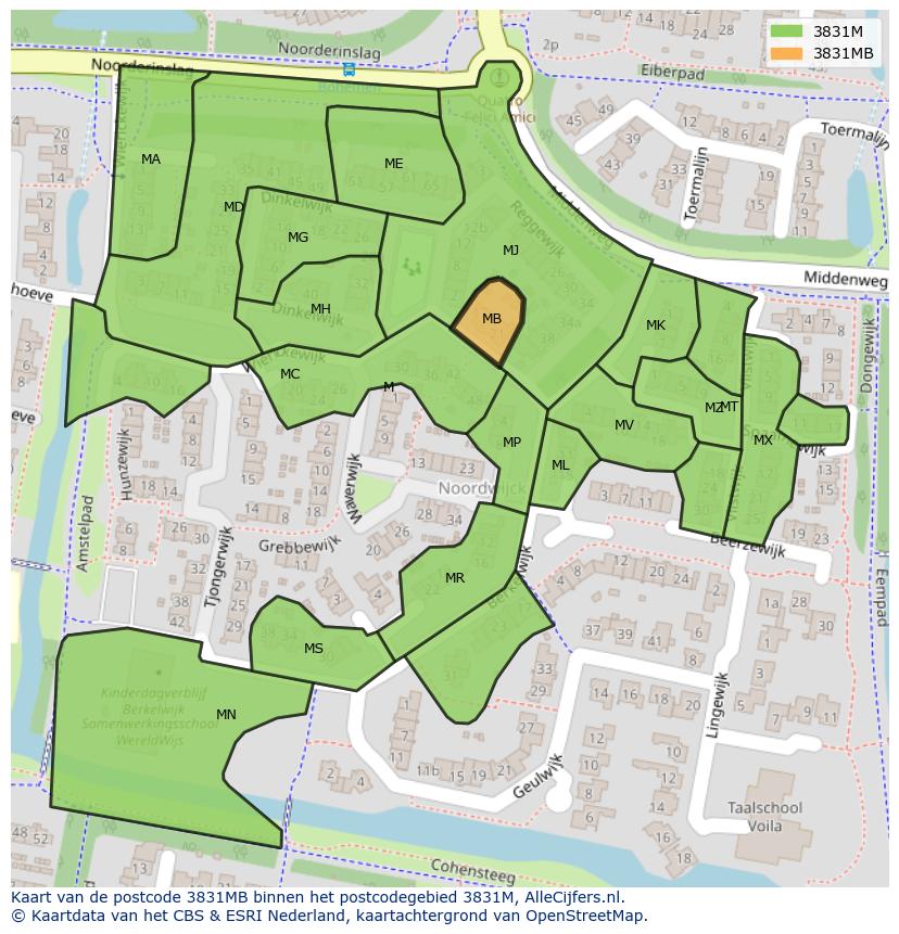 Afbeelding van het postcodegebied 3831 MB op de kaart.