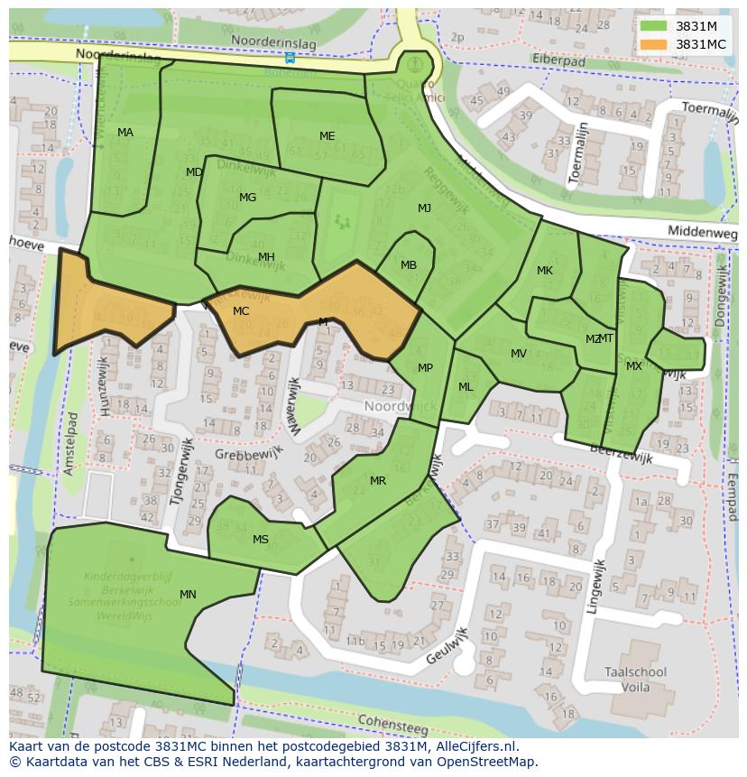 Afbeelding van het postcodegebied 3831 MC op de kaart.