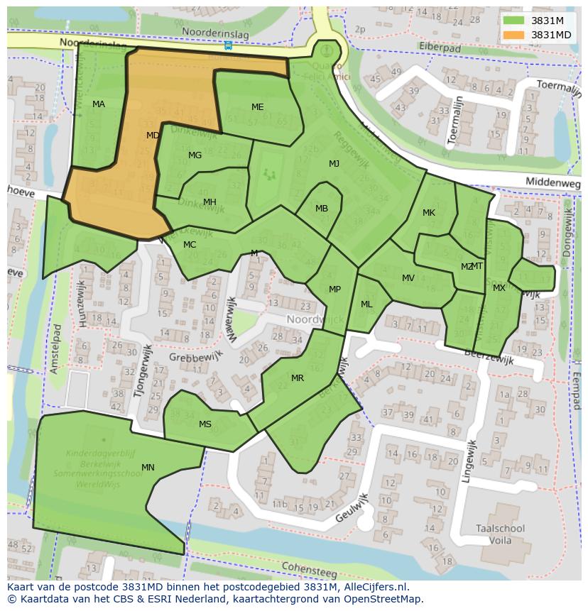 Afbeelding van het postcodegebied 3831 MD op de kaart.