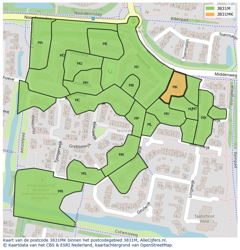 Afbeelding van het postcodegebied 3831 MK op de kaart.
