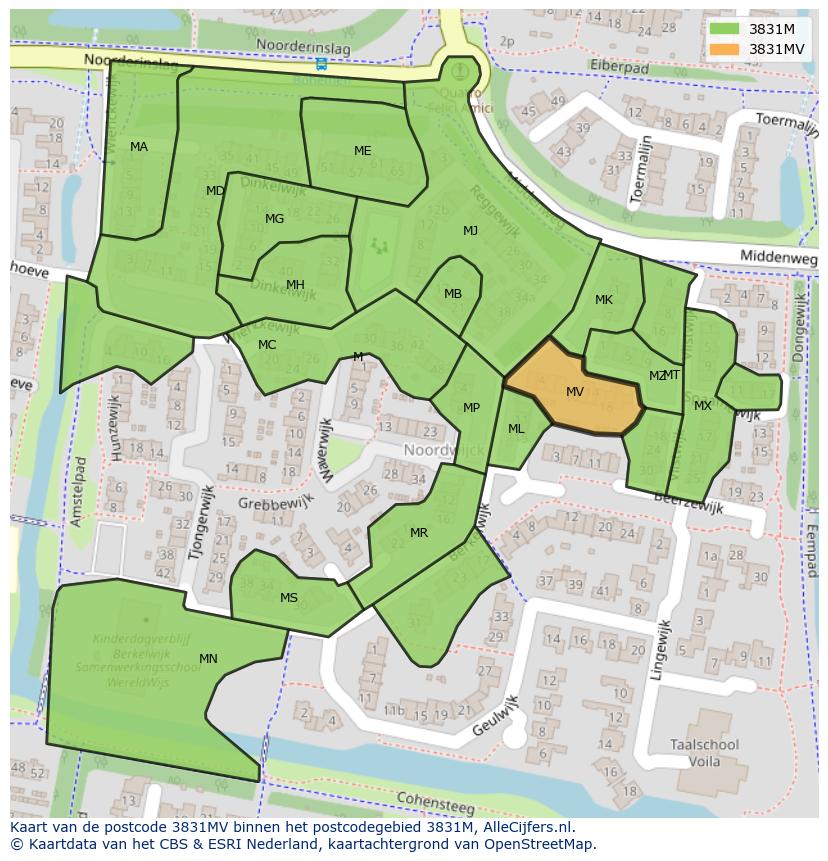 Afbeelding van het postcodegebied 3831 MV op de kaart.