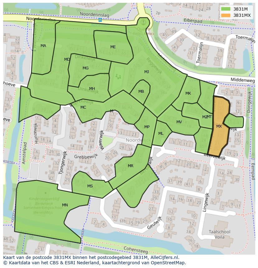 Afbeelding van het postcodegebied 3831 MX op de kaart.