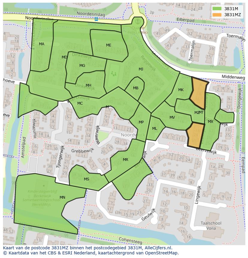 Afbeelding van het postcodegebied 3831 MZ op de kaart.