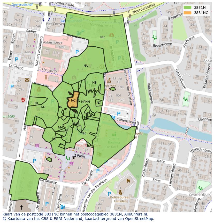 Afbeelding van het postcodegebied 3831 NC op de kaart.