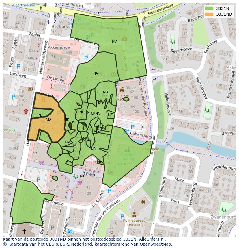 Afbeelding van het postcodegebied 3831 ND op de kaart.