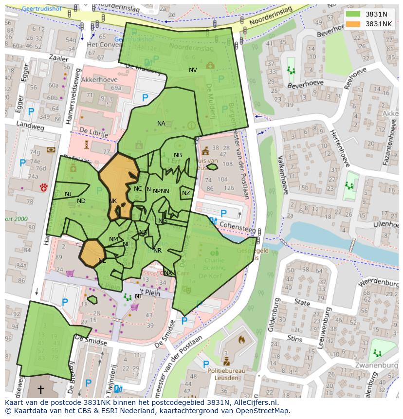 Afbeelding van het postcodegebied 3831 NK op de kaart.
