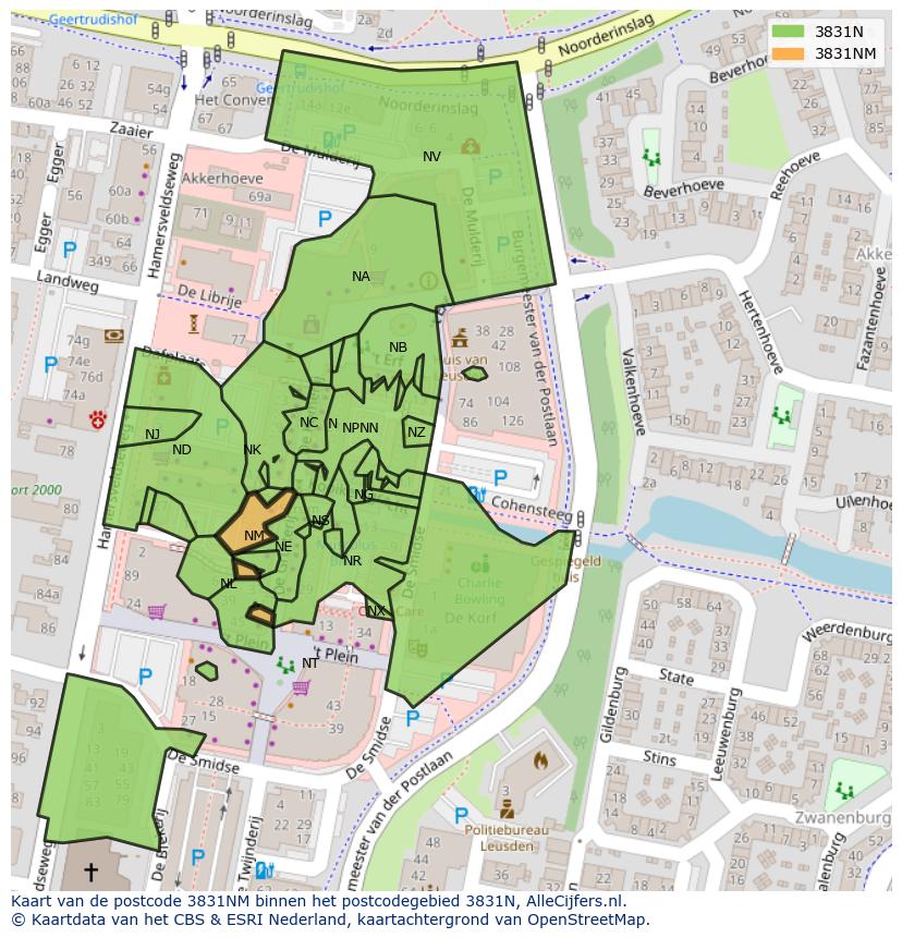 Afbeelding van het postcodegebied 3831 NM op de kaart.