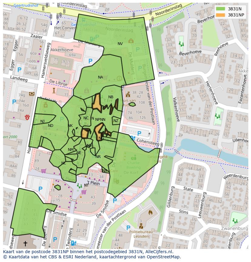 Afbeelding van het postcodegebied 3831 NP op de kaart.