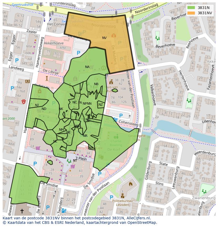 Afbeelding van het postcodegebied 3831 NV op de kaart.