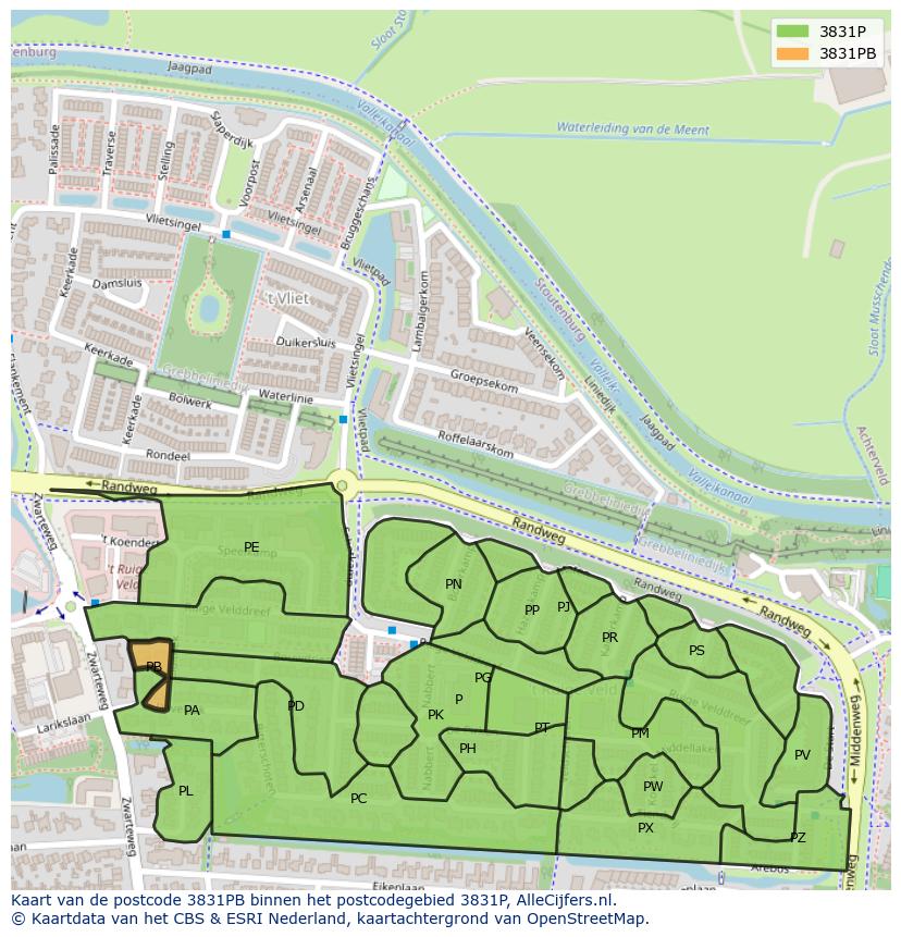 Afbeelding van het postcodegebied 3831 PB op de kaart.