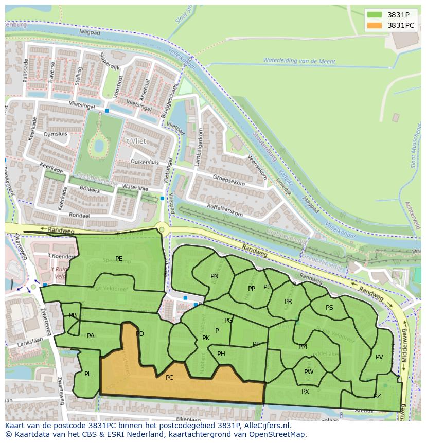 Afbeelding van het postcodegebied 3831 PC op de kaart.