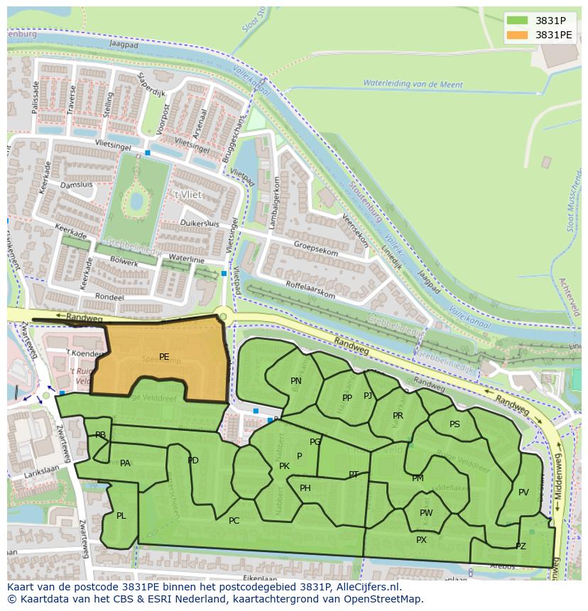 Afbeelding van het postcodegebied 3831 PE op de kaart.