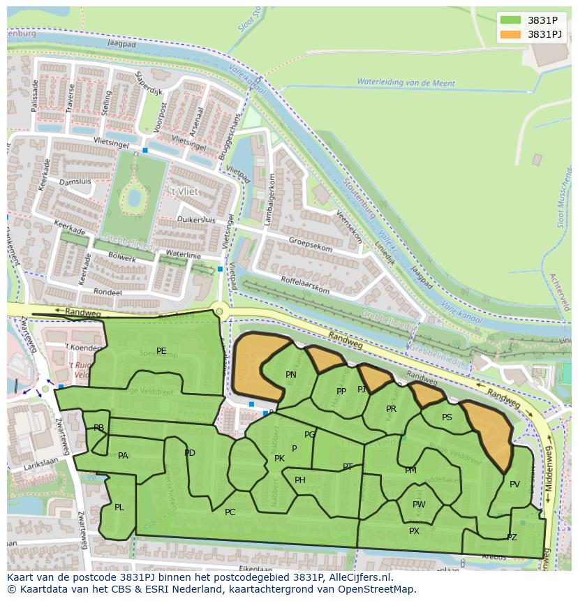 Afbeelding van het postcodegebied 3831 PJ op de kaart.