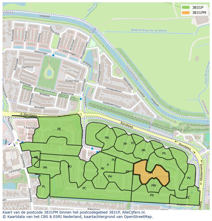 Afbeelding van het postcodegebied 3831 PM op de kaart.