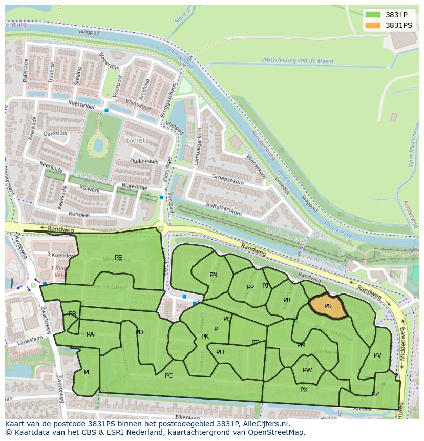 Afbeelding van het postcodegebied 3831 PS op de kaart.