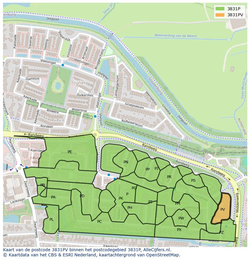 Afbeelding van het postcodegebied 3831 PV op de kaart.