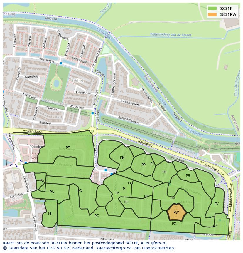 Afbeelding van het postcodegebied 3831 PW op de kaart.