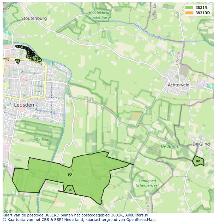 Afbeelding van het postcodegebied 3831 RD op de kaart.