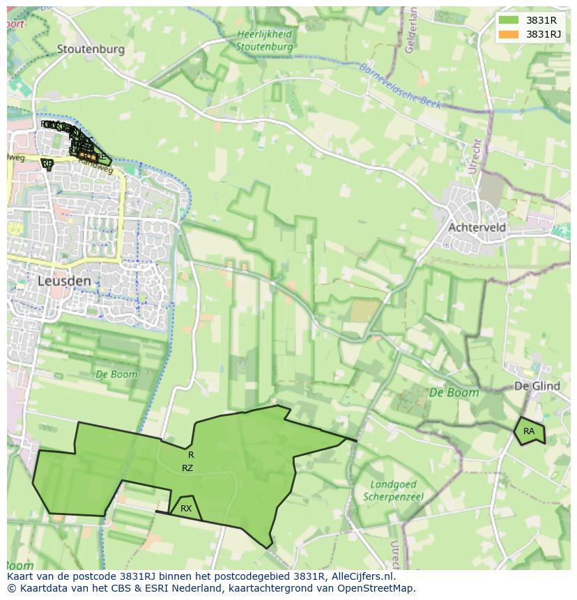 Afbeelding van het postcodegebied 3831 RJ op de kaart.