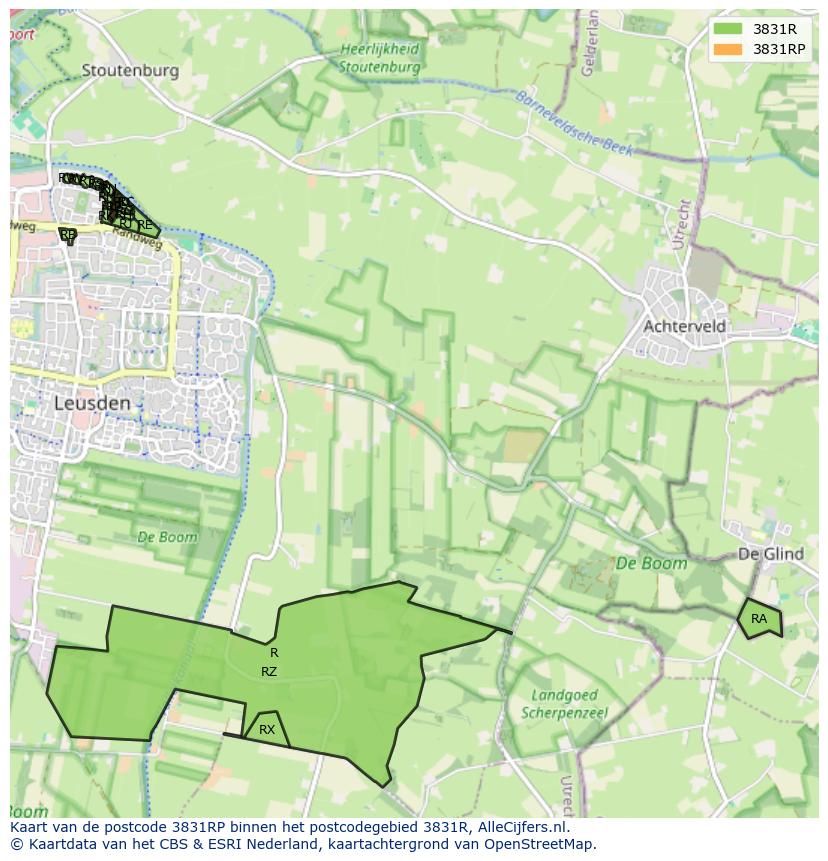 Afbeelding van het postcodegebied 3831 RP op de kaart.