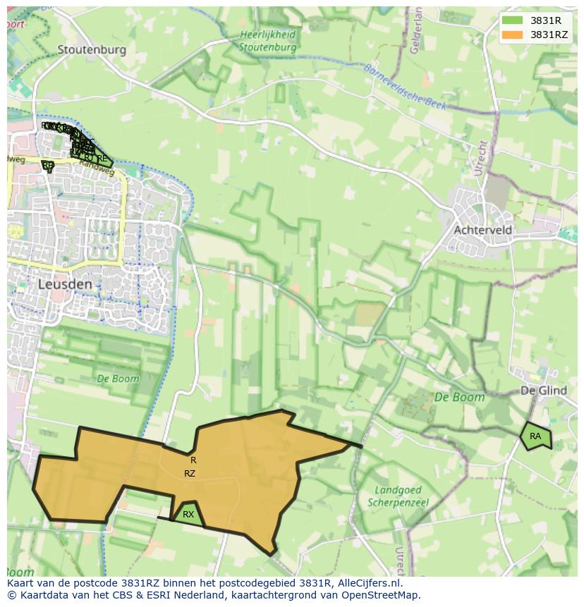 Afbeelding van het postcodegebied 3831 RZ op de kaart.