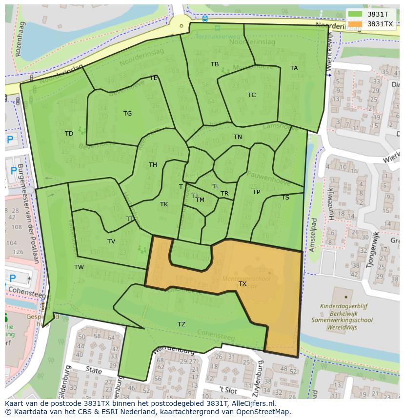 Afbeelding van het postcodegebied 3831 TX op de kaart.