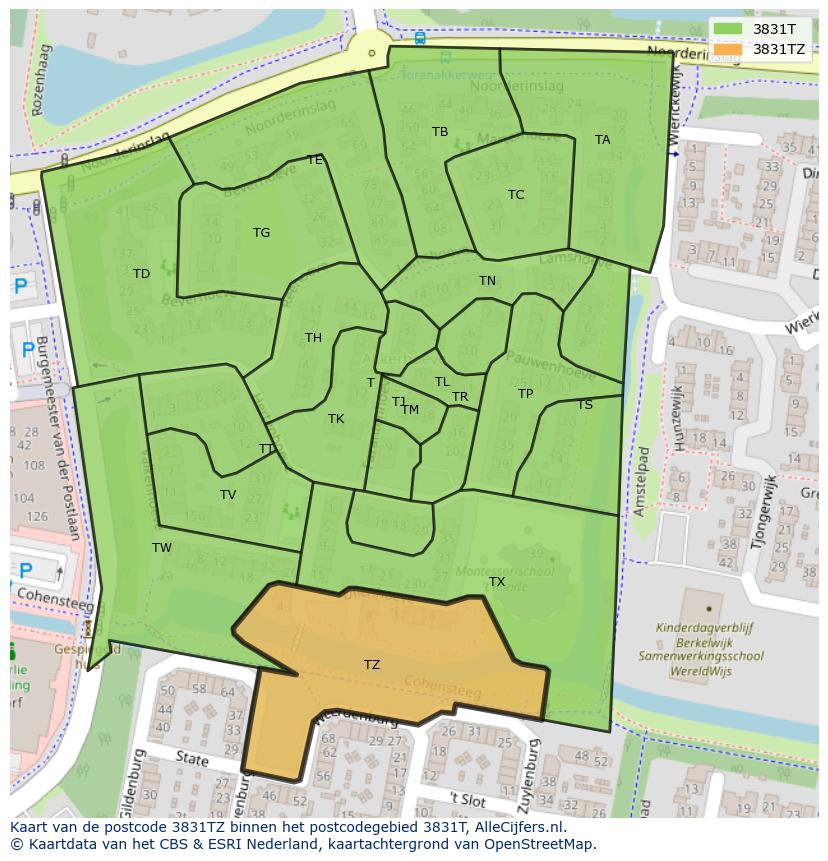 Afbeelding van het postcodegebied 3831 TZ op de kaart.