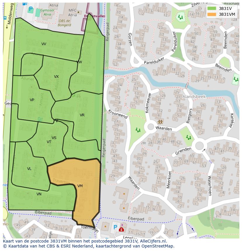 Afbeelding van het postcodegebied 3831 VM op de kaart.