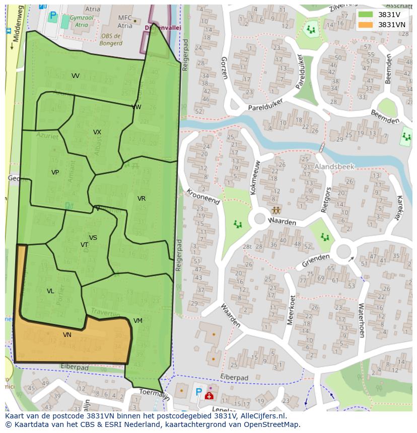 Afbeelding van het postcodegebied 3831 VN op de kaart.