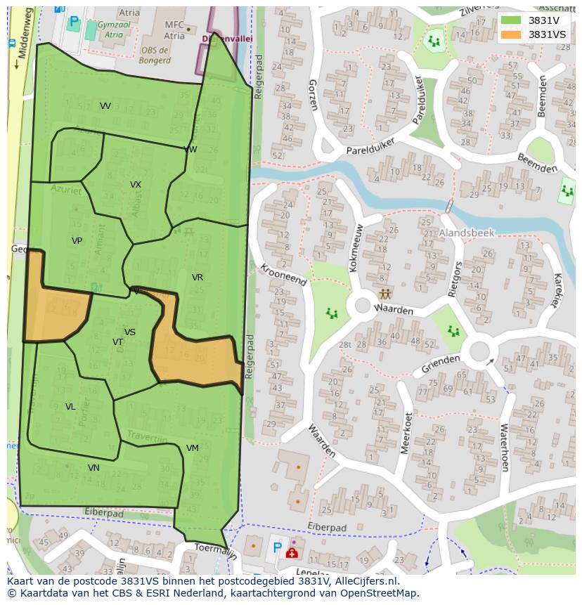 Afbeelding van het postcodegebied 3831 VS op de kaart.