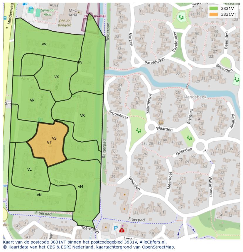 Afbeelding van het postcodegebied 3831 VT op de kaart.