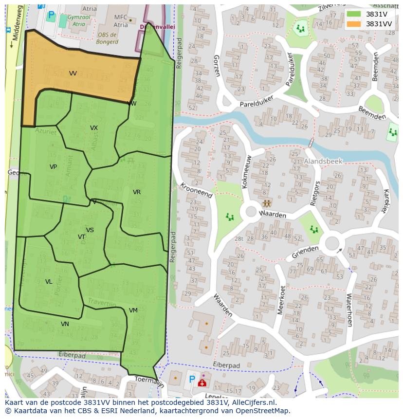 Afbeelding van het postcodegebied 3831 VV op de kaart.
