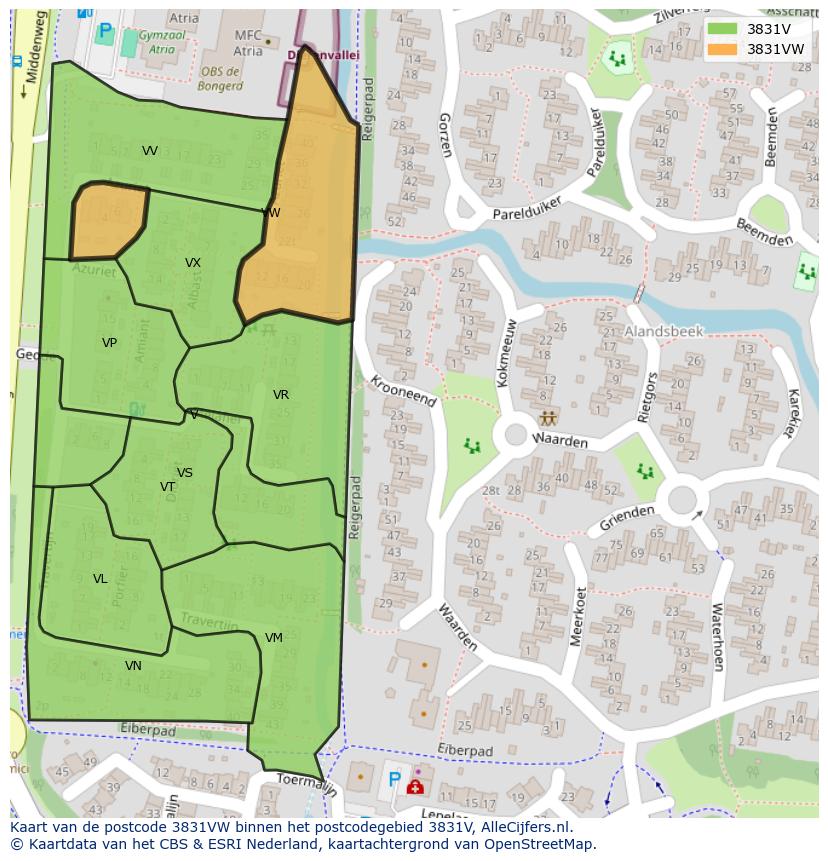 Afbeelding van het postcodegebied 3831 VW op de kaart.