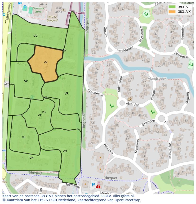 Afbeelding van het postcodegebied 3831 VX op de kaart.