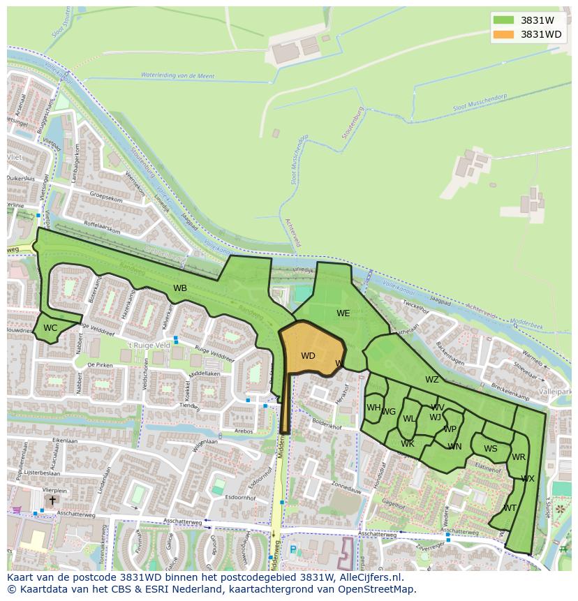 Afbeelding van het postcodegebied 3831 WD op de kaart.