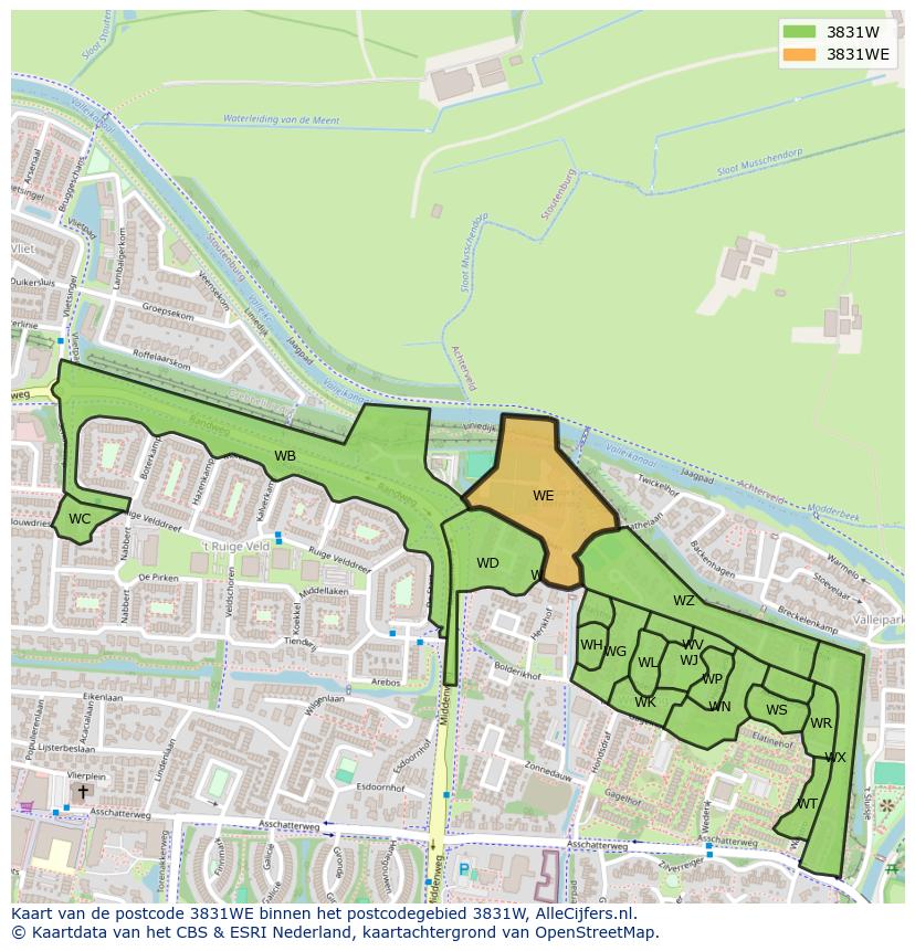 Afbeelding van het postcodegebied 3831 WE op de kaart.