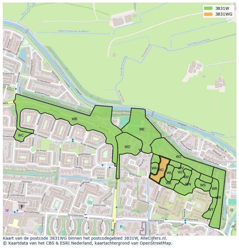 Afbeelding van het postcodegebied 3831 WG op de kaart.