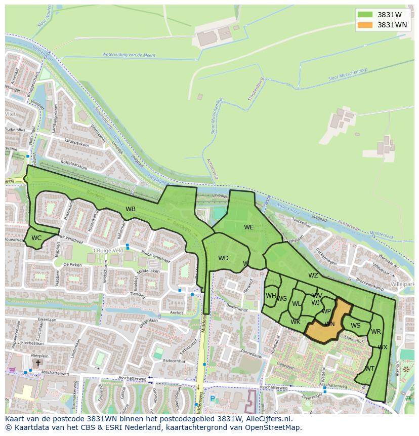 Afbeelding van het postcodegebied 3831 WN op de kaart.