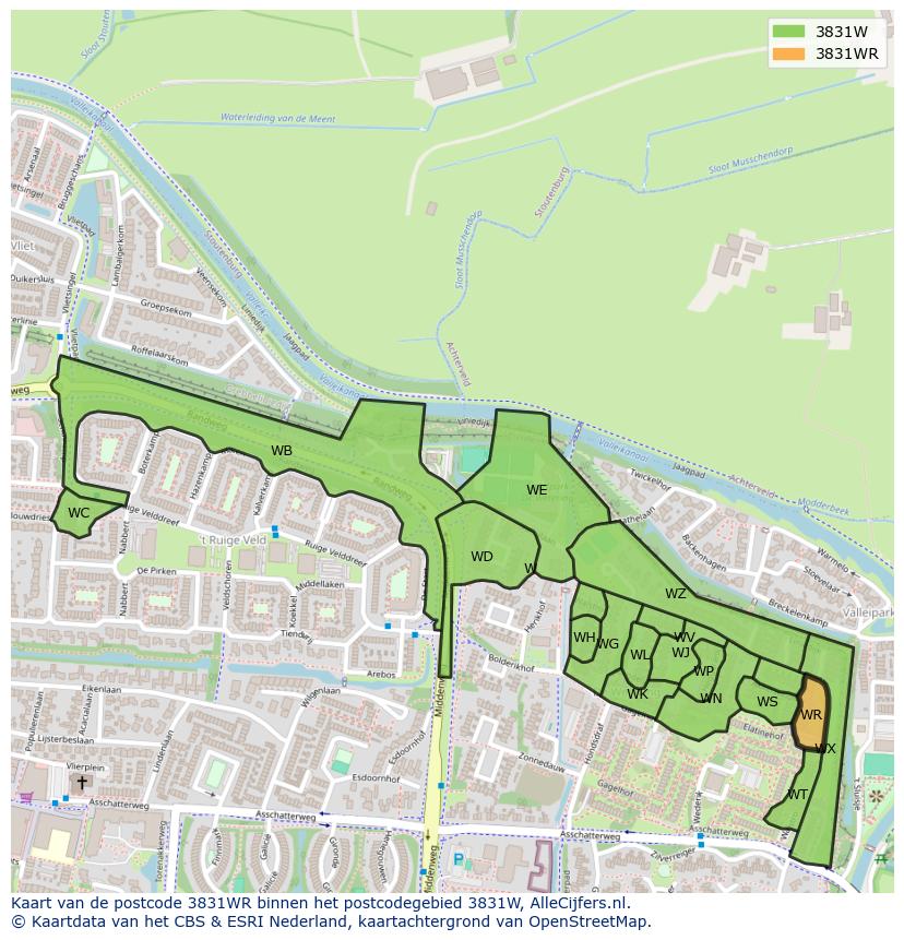 Afbeelding van het postcodegebied 3831 WR op de kaart.