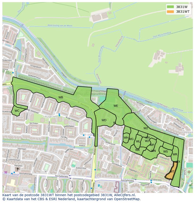 Afbeelding van het postcodegebied 3831 WT op de kaart.