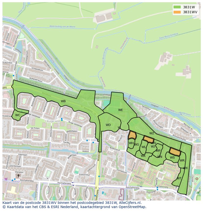 Afbeelding van het postcodegebied 3831 WV op de kaart.