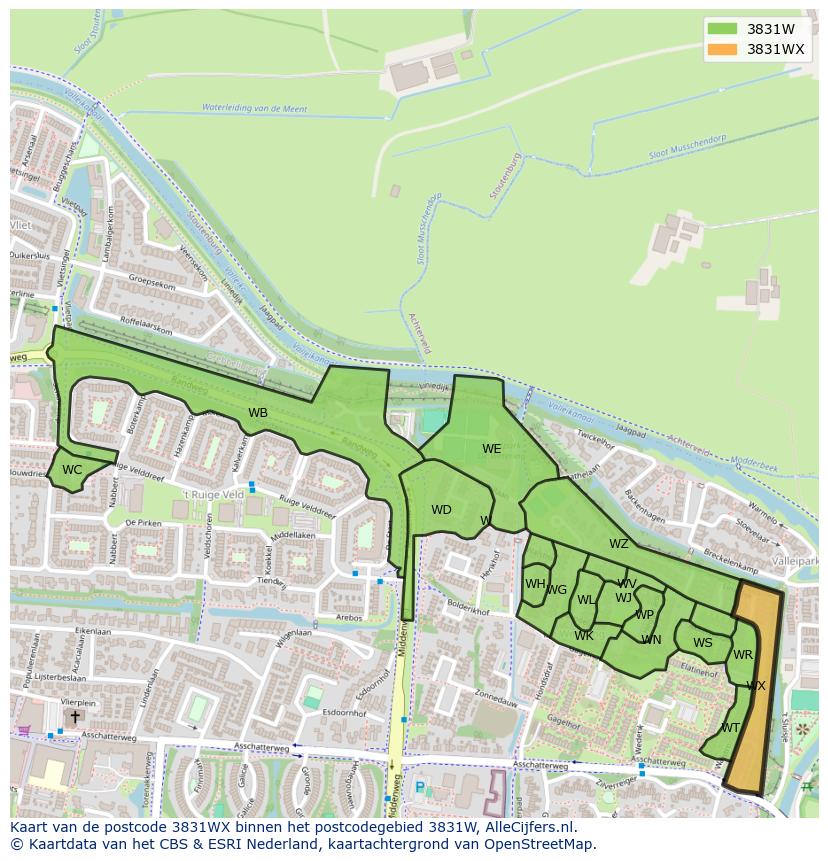 Afbeelding van het postcodegebied 3831 WX op de kaart.