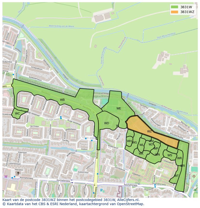 Afbeelding van het postcodegebied 3831 WZ op de kaart.