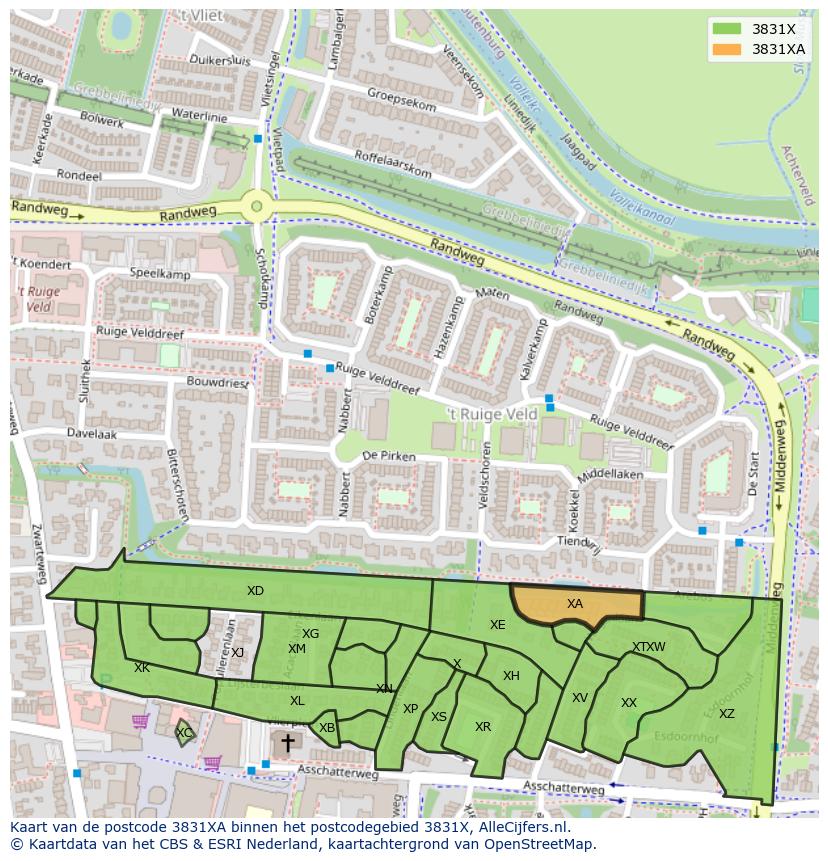 Afbeelding van het postcodegebied 3831 XA op de kaart.