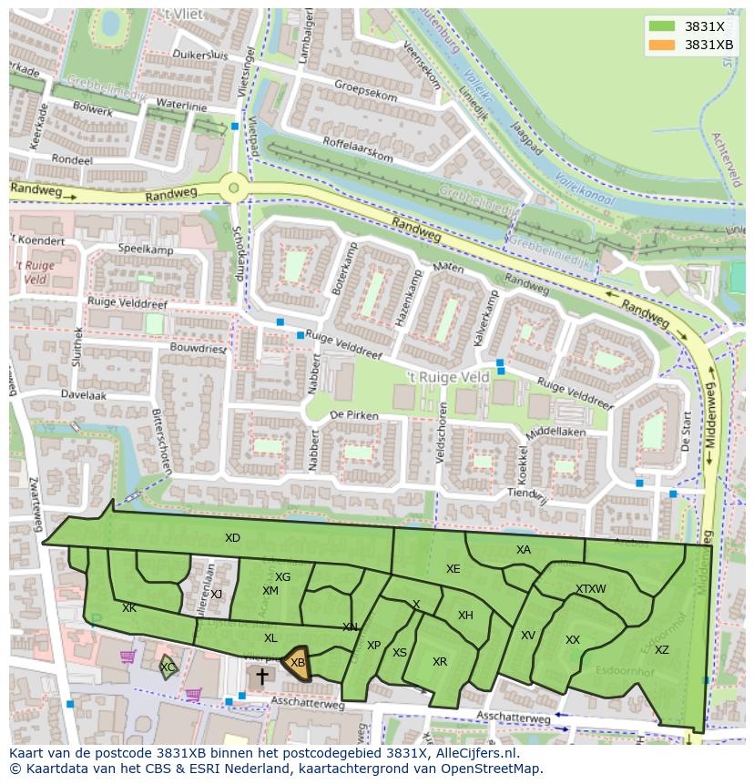 Afbeelding van het postcodegebied 3831 XB op de kaart.