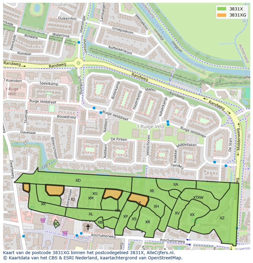 Afbeelding van het postcodegebied 3831 XG op de kaart.